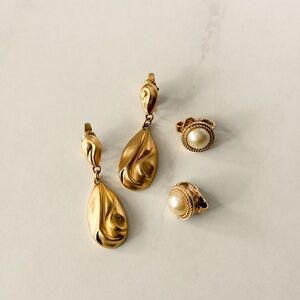 Vintage Trifari Earrings Lot Gold Tone Clip On Drop & Pearl Stud Set Signed